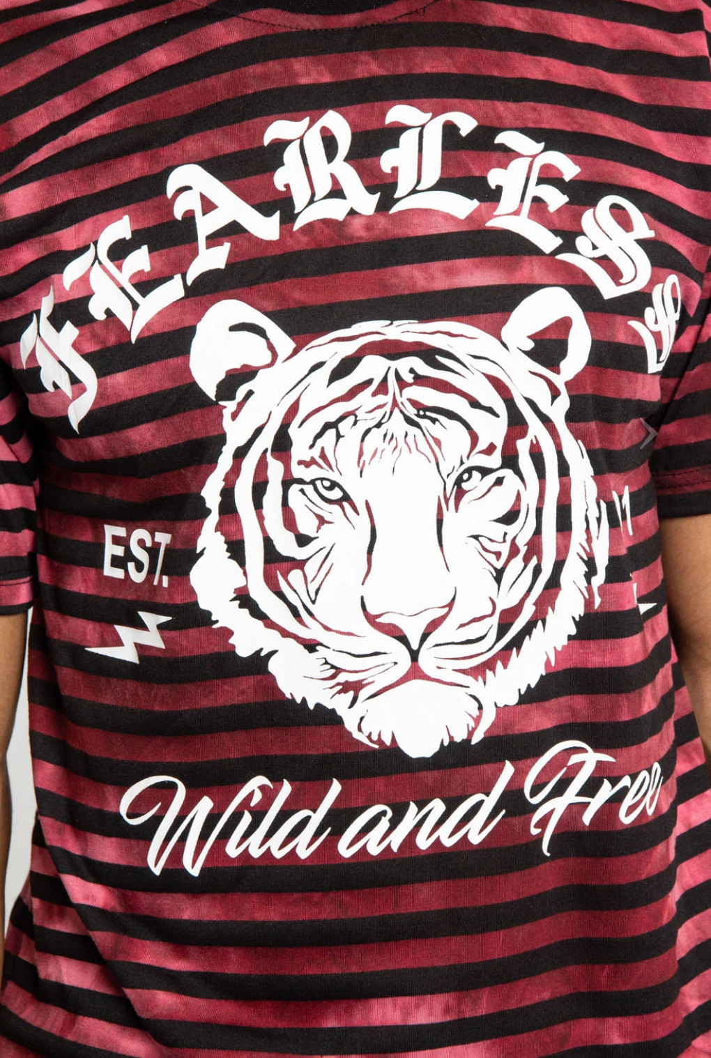 VICTORIOUS BRAND STRIPED T-SHIRT FEARLESS TIGER BURGUNDY/BLACK SIZES MED TO 2XL gallery