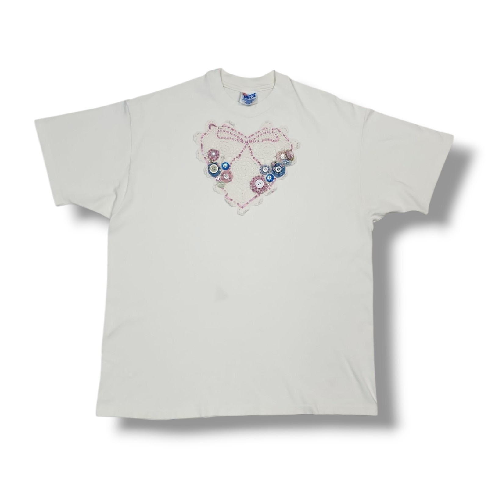 Vintage Hanes Beefy-t Crochet Heart Button Lace White 90’s T-Shirt Unisex XL