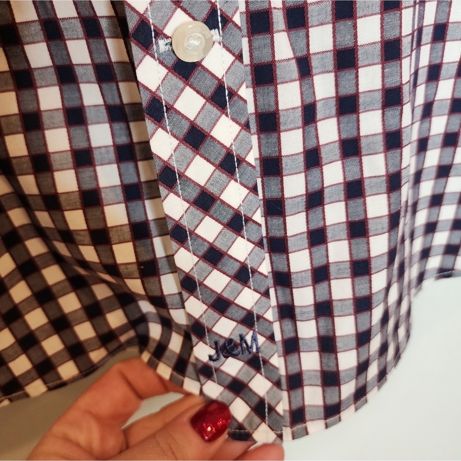 Johnston & Murphy XL Flip Cuff Long Sleeve Button Up Shirt Red White Blue Plaid gallery