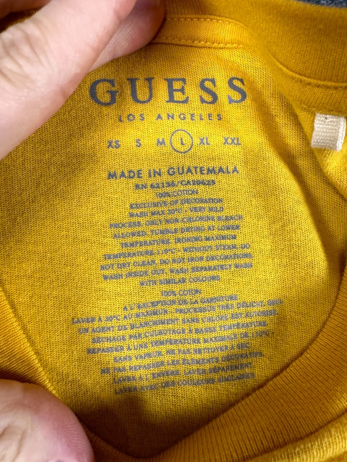 GUESS Los Angeles T-Shirt Mens Large Amber Yellow Graphic Print Knit Cotton Logo gallery
