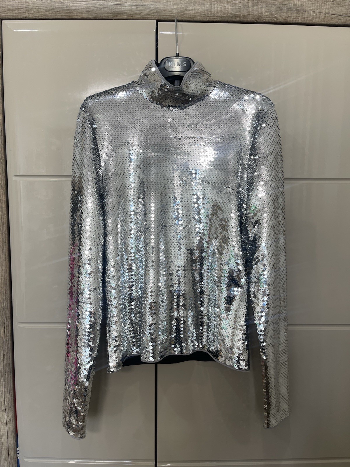 Paco Rabanne X H&M Men’s Silver 1/4 Zip Sequined Top T-Shirt Sweater Sz M