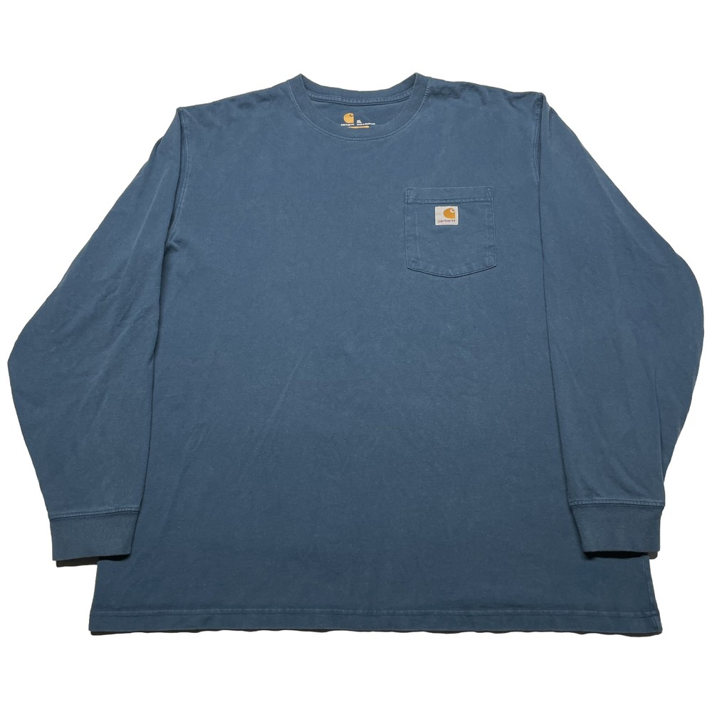 Carhartt Long Sleeve T-Shirt Mens XL Blue Pocket Logo Dad Outdoor Camping Hiking
