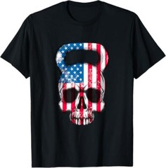 NEW LIMITED American Flag Kettlebell Skull Weight Lifting Bodybuilding T-Shirt