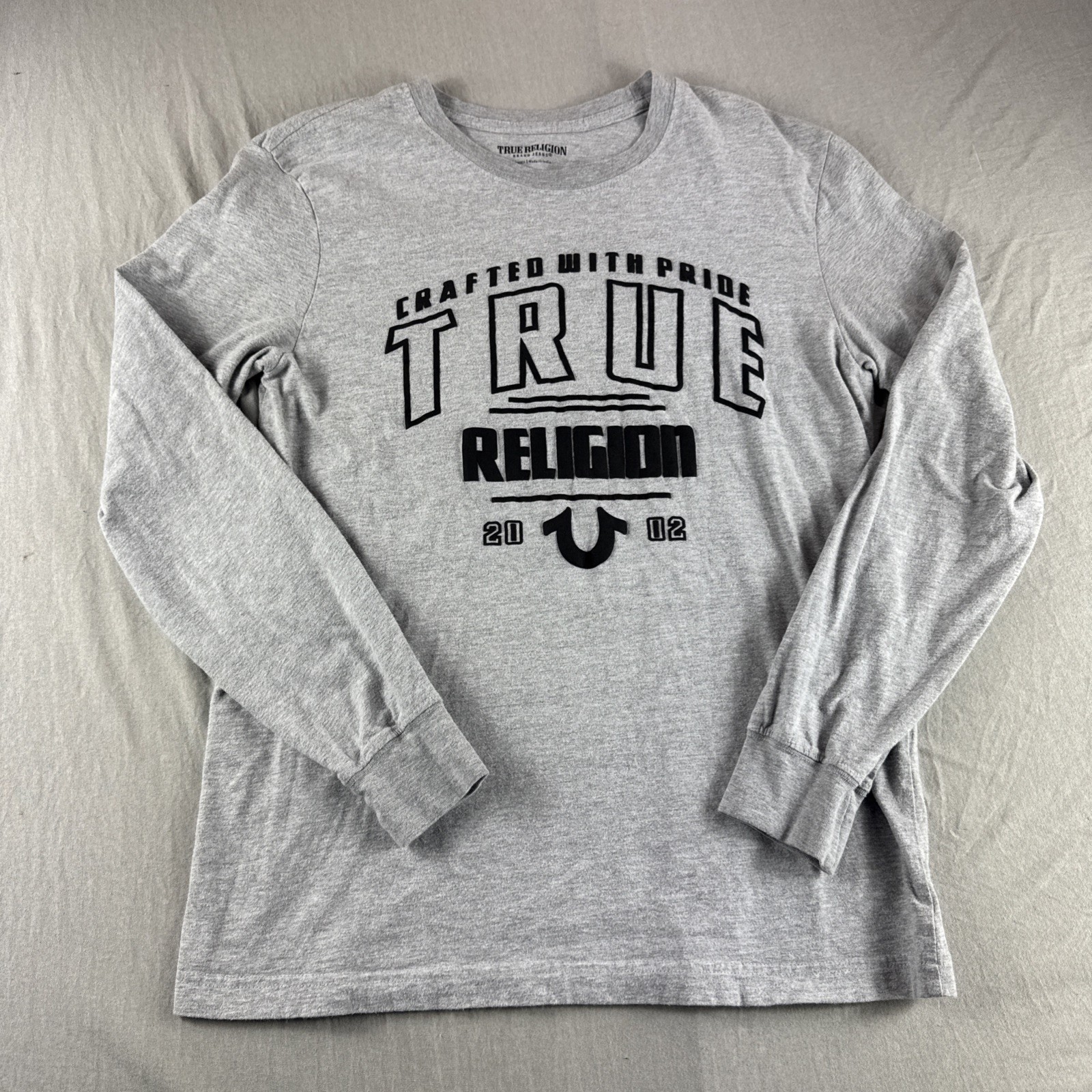 True Religion Shirt Mens S Gray Long Sleeve Crewneck Y2K Logo Casual Preppy Top gallery