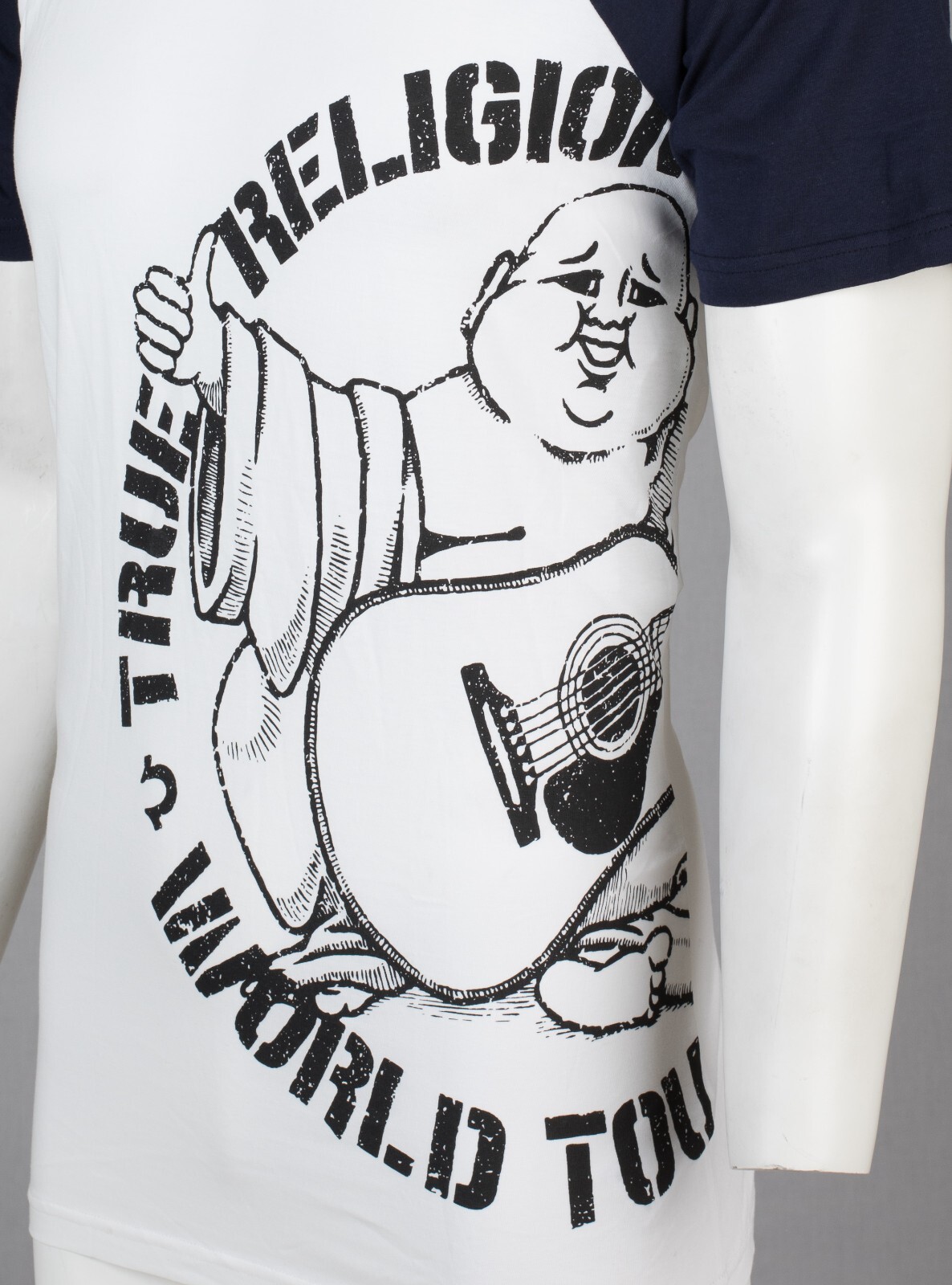$79 TRUE RELIGION White Navy PART BUDDHA Short Sleeve Designer Raglan T-shirt gallery
