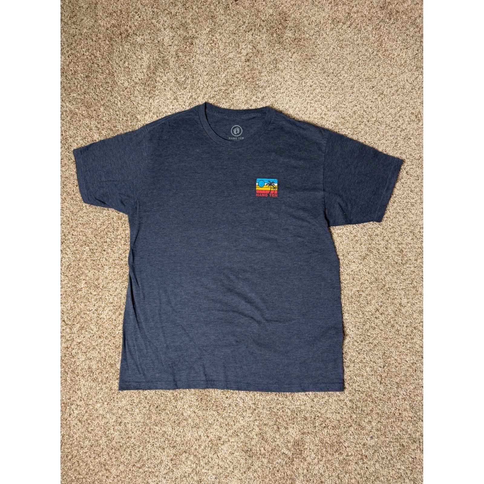 Hang Ten Mens Large Blue Heather Retro Sunset Palm Tree Graphic T-Shirt Surf Tee