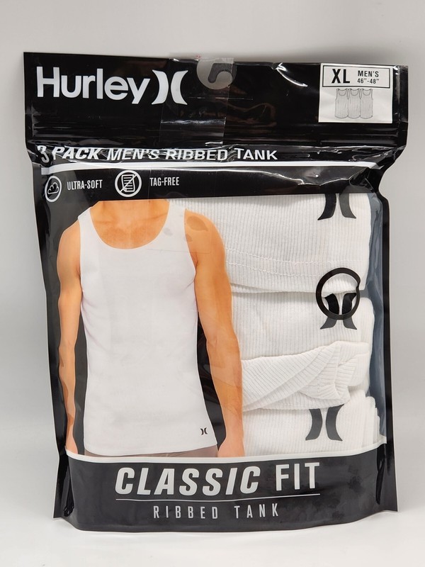 HURLEY 3 Pack Men’s S M L XL Round Neck White Cotton Ribbed Tank T Shirts