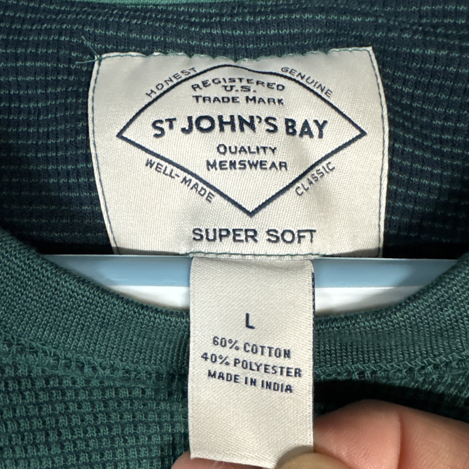 St Johns Bay Shirt Mens Large Green Super Soft Long Sleeve Waffle Knit Crew NWT gallery
