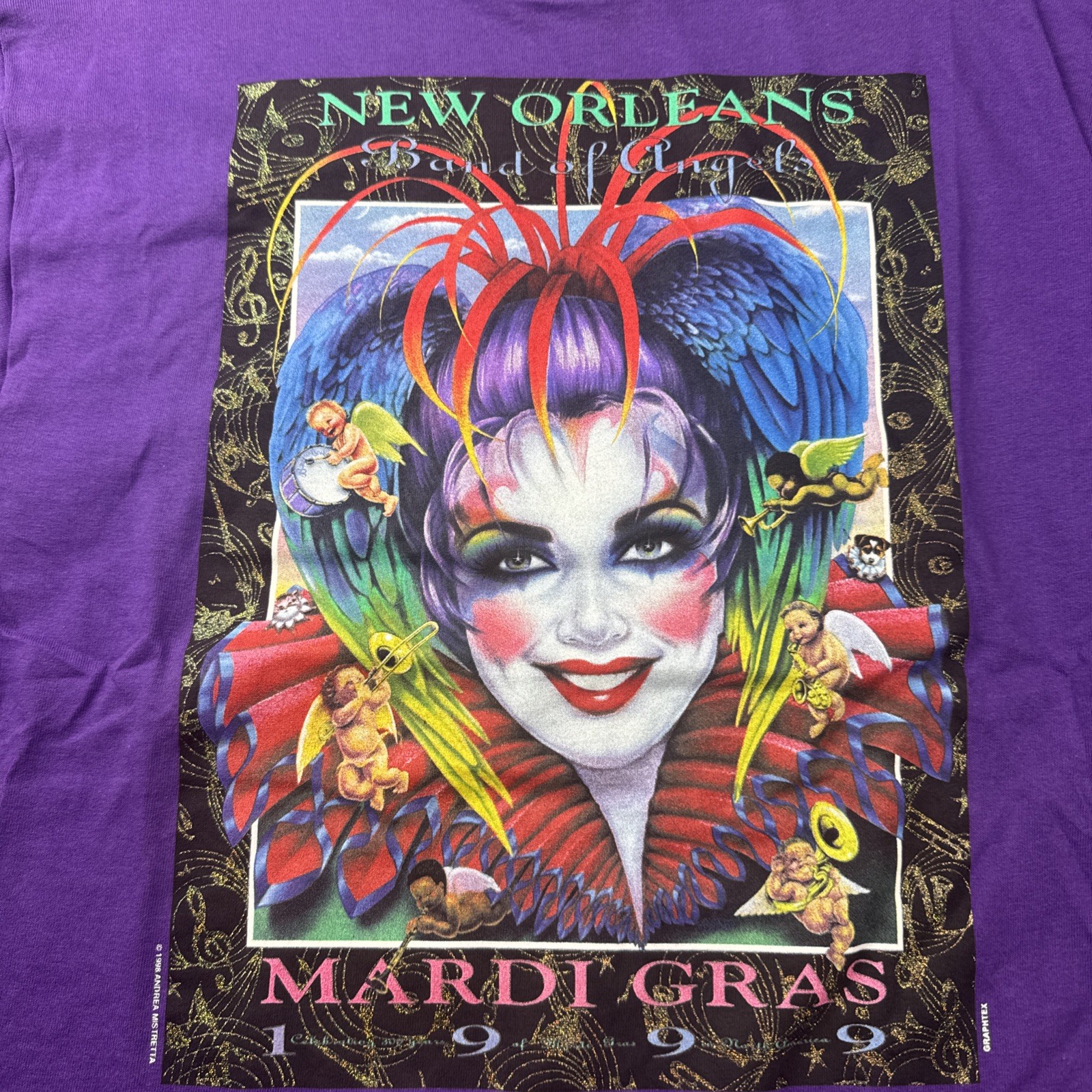VTG 90s New Orleans Mardi Gras ‘99 Andrea Mistretta L T-Shirt Jester Graphic gallery