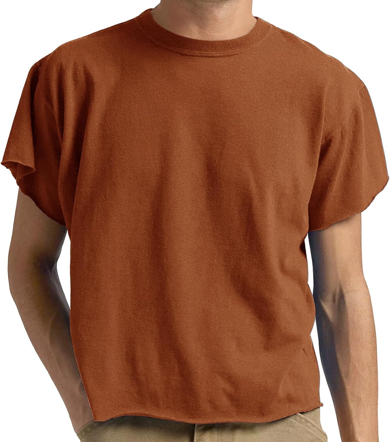 Men’s Short Sleeve Boxy T-Shirt Cropped Raw Hem Casual Comfy Summer Top