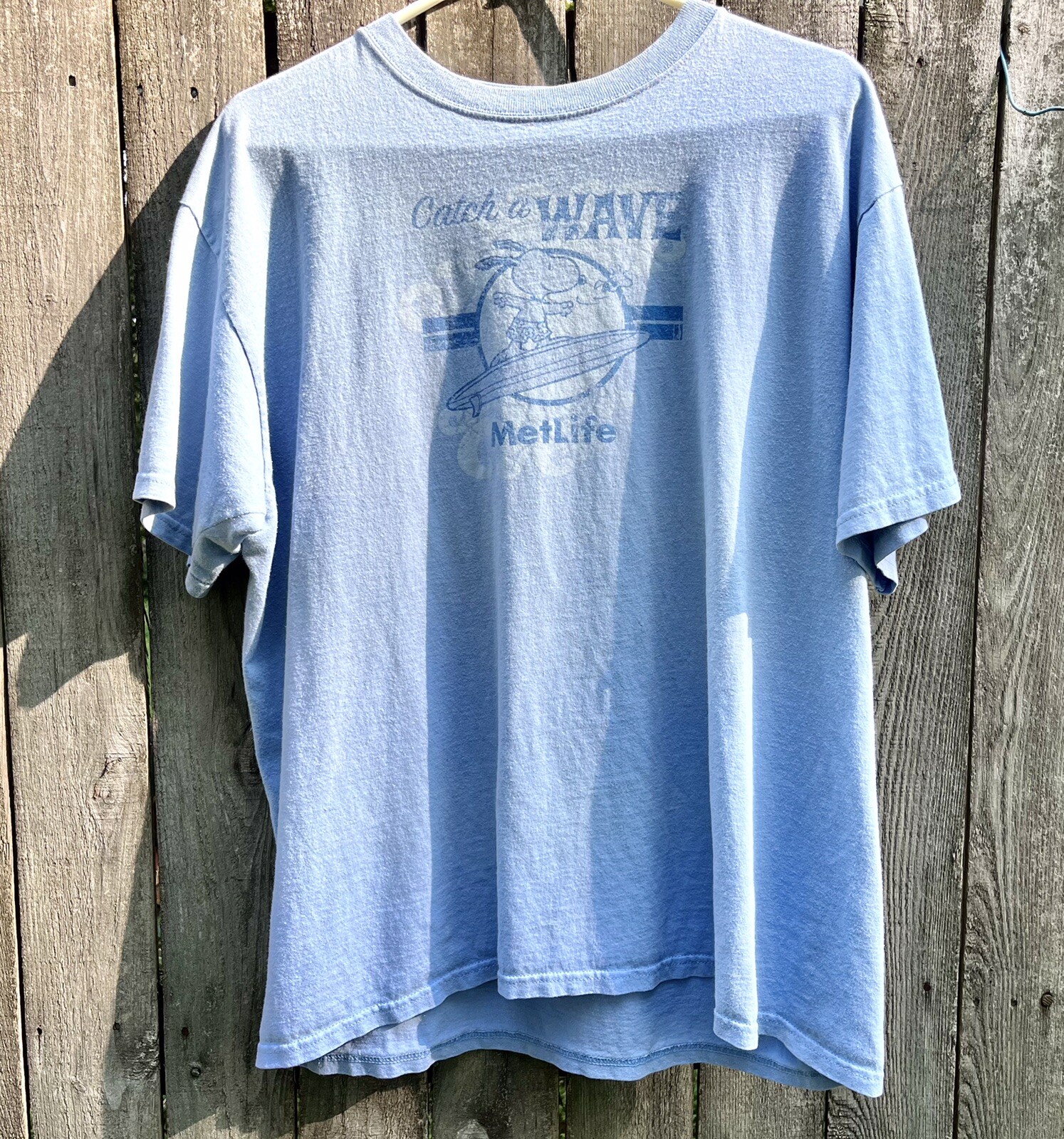 Snoopy Surfing T-Shirt VTG Met Life Insurance Advertising Peanuts XL Light Blue