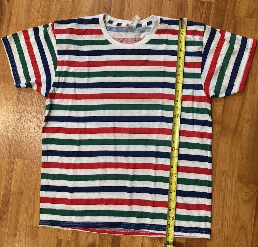American Apparel Multi Striped Ringer Tee 50 50 Large Made In USA Red Green Blue gallery