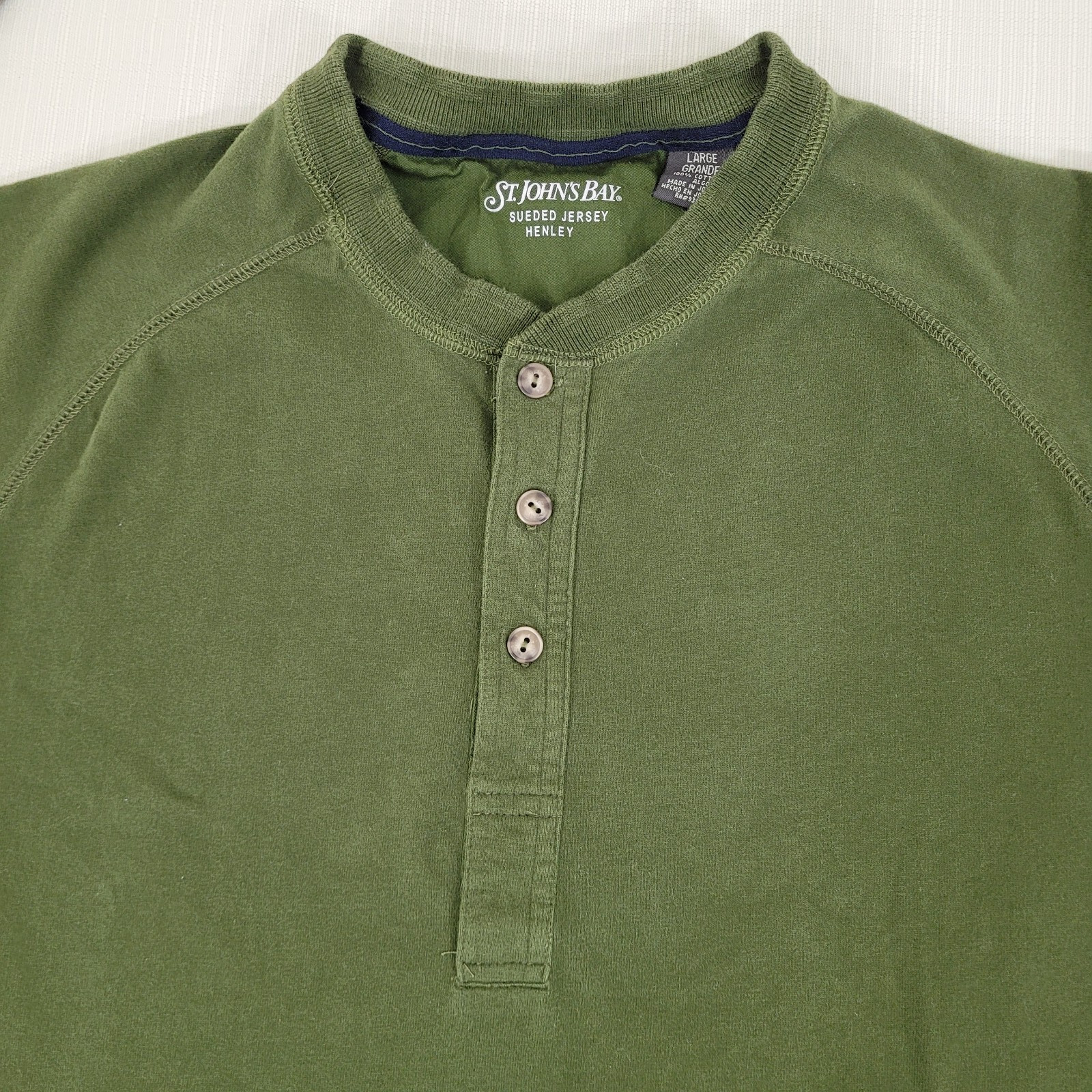 St Johns Bay Mens SZ L 46" LS Henley Sueded Jersey Forest Green Ribbed Cuffs gallery