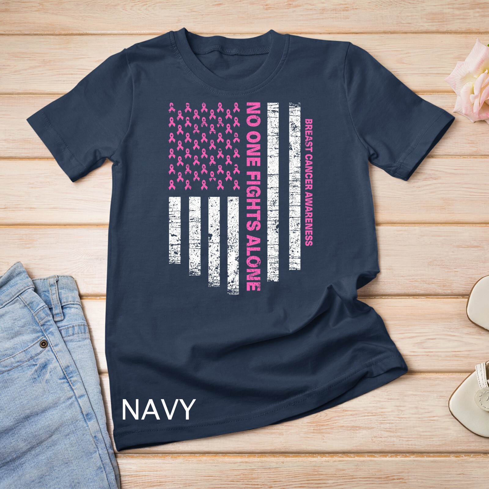 No One Fights Alone USA Flag Breast Cancer Awareness Unisex T-shirt gallery