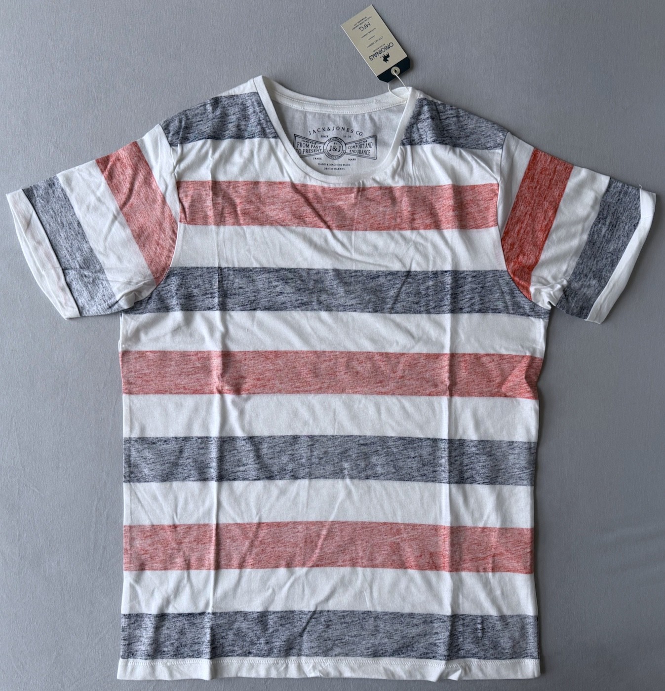 Jack & Jones JJORFANCY 100% Cotton Cloud Dancer/SLIM NAVY T-Shirt Size M