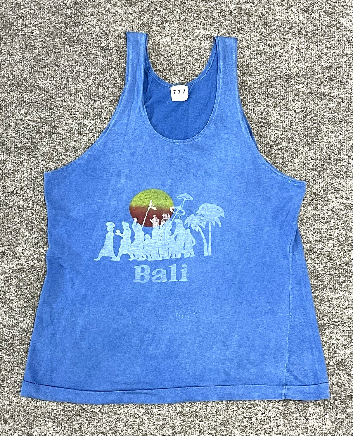 Vintage 1970s Blue Bali Tank Top 777 Aseli Tag Rare Double-Sided Travel Souvenir