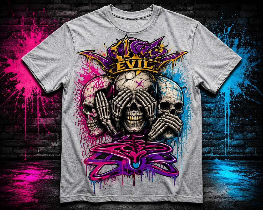 Evil Skulls 3 Headed Skate Big & Tall Tee Shirt Pro Club Shaka Street Wear