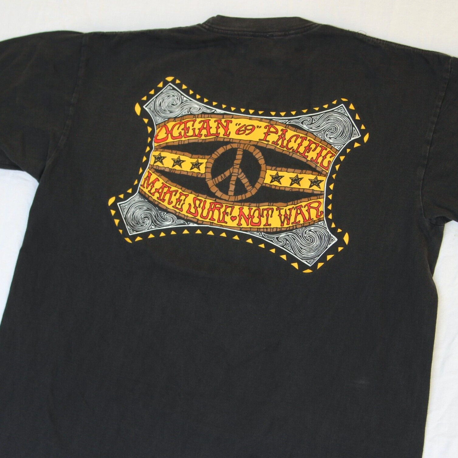 VTG Ocean Pacific T Shirt L MAKE SURF NOT WAR 69 Peace Op Skate Grunge Tee