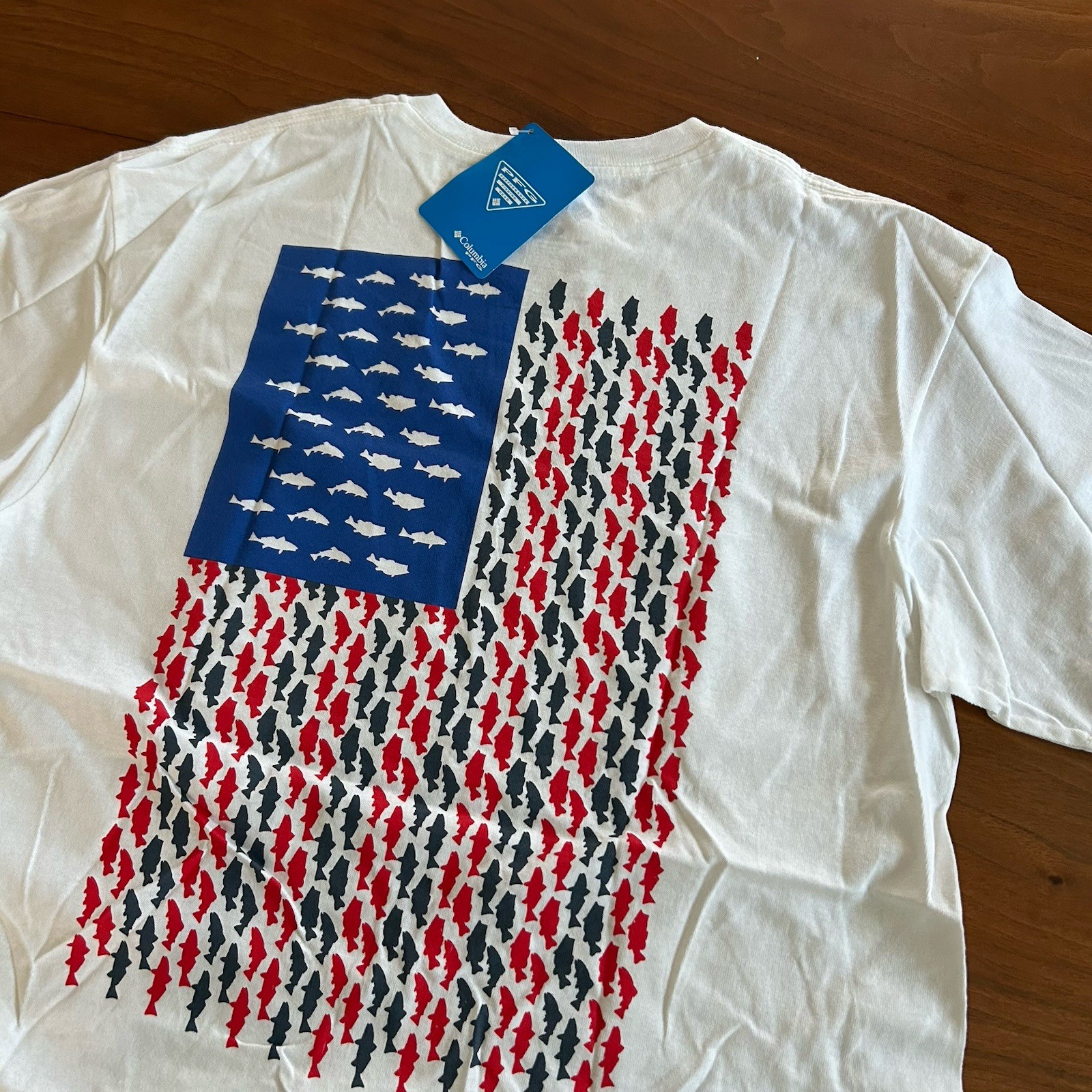 NEW Columbia Shirt Mens Sz Large White PFG Fish American Flag Fishing Outdoor gallery