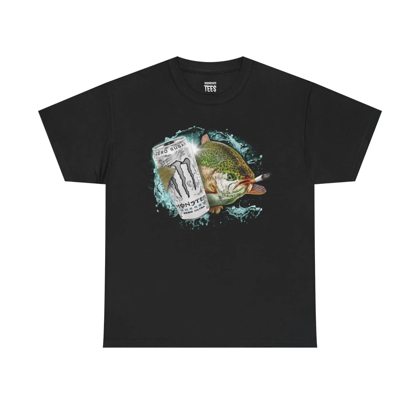 Monster Energy White Zero Sugar Fish Smoking Funny Bass Fishing Mens T-Shirt