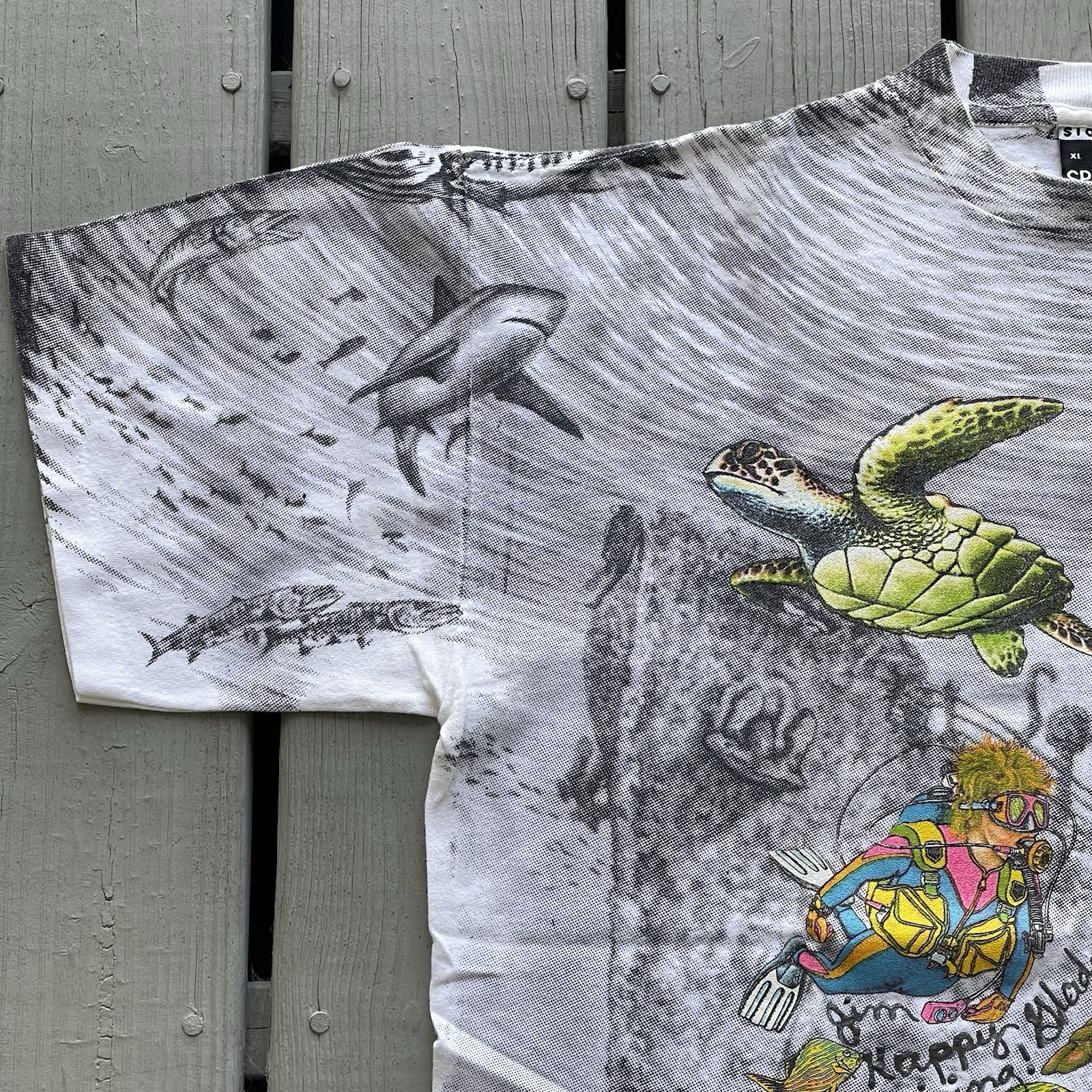 Vintage 90’s Scuba Diver Shipwreck Sharks Turtles Fish Sea Life AOP T-Shirt XL gallery
