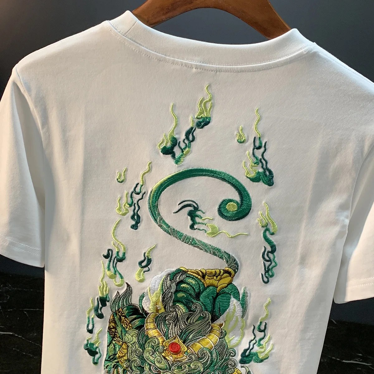 Men Embroidery Dragon Graphic T-Shirt Casual Short Sleeve Crewneck Cotton Tee gallery