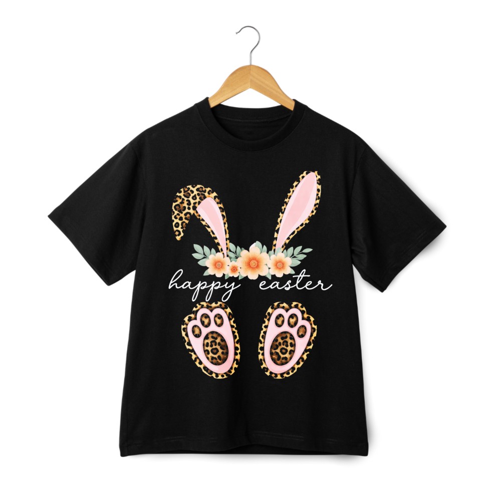 Happy Easter Leopard Bunny Ear Tee, Floral Accent Casual T-Shirt for Men Women