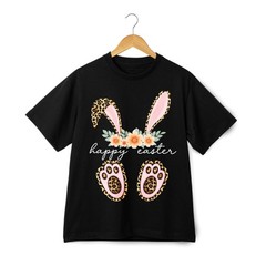 Happy Easter Leopard Bunny Ear Tee, Floral Accent Casual T-Shirt for Men Women