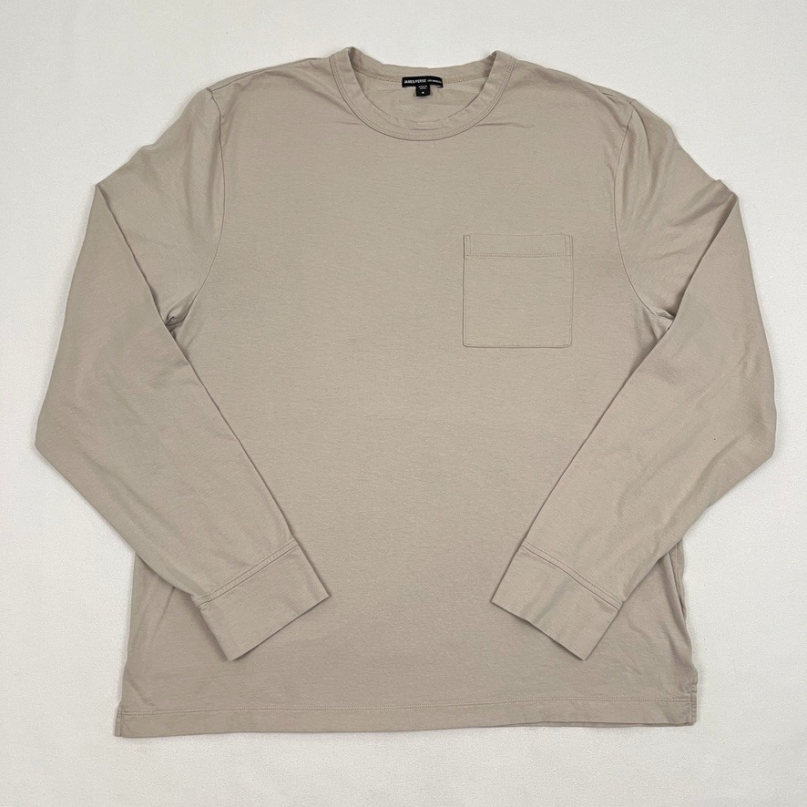 James Perse Men XL (4) Beige Long Sleeve Pocket Cotton Crew Casual Made in Japan
