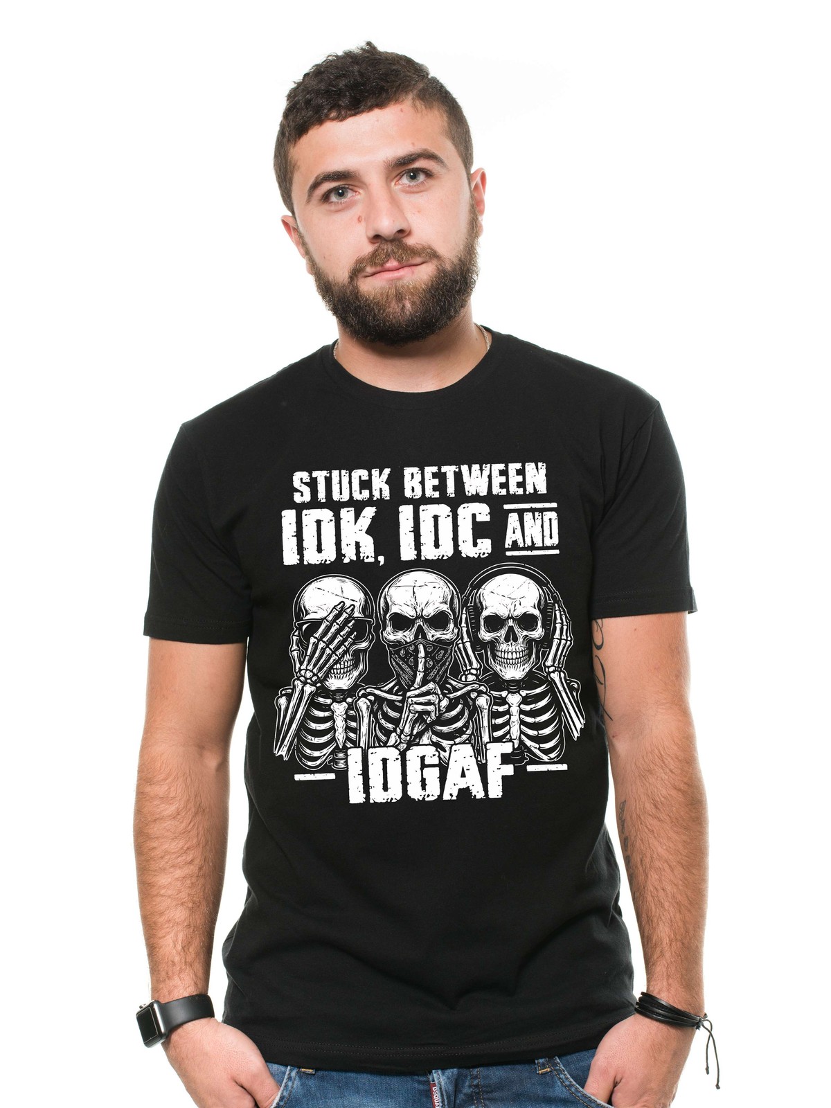 Men's Funny T-shirt Skeleton Shirt Humorous Gift Idk Idc and Idgaf Shirt gallery