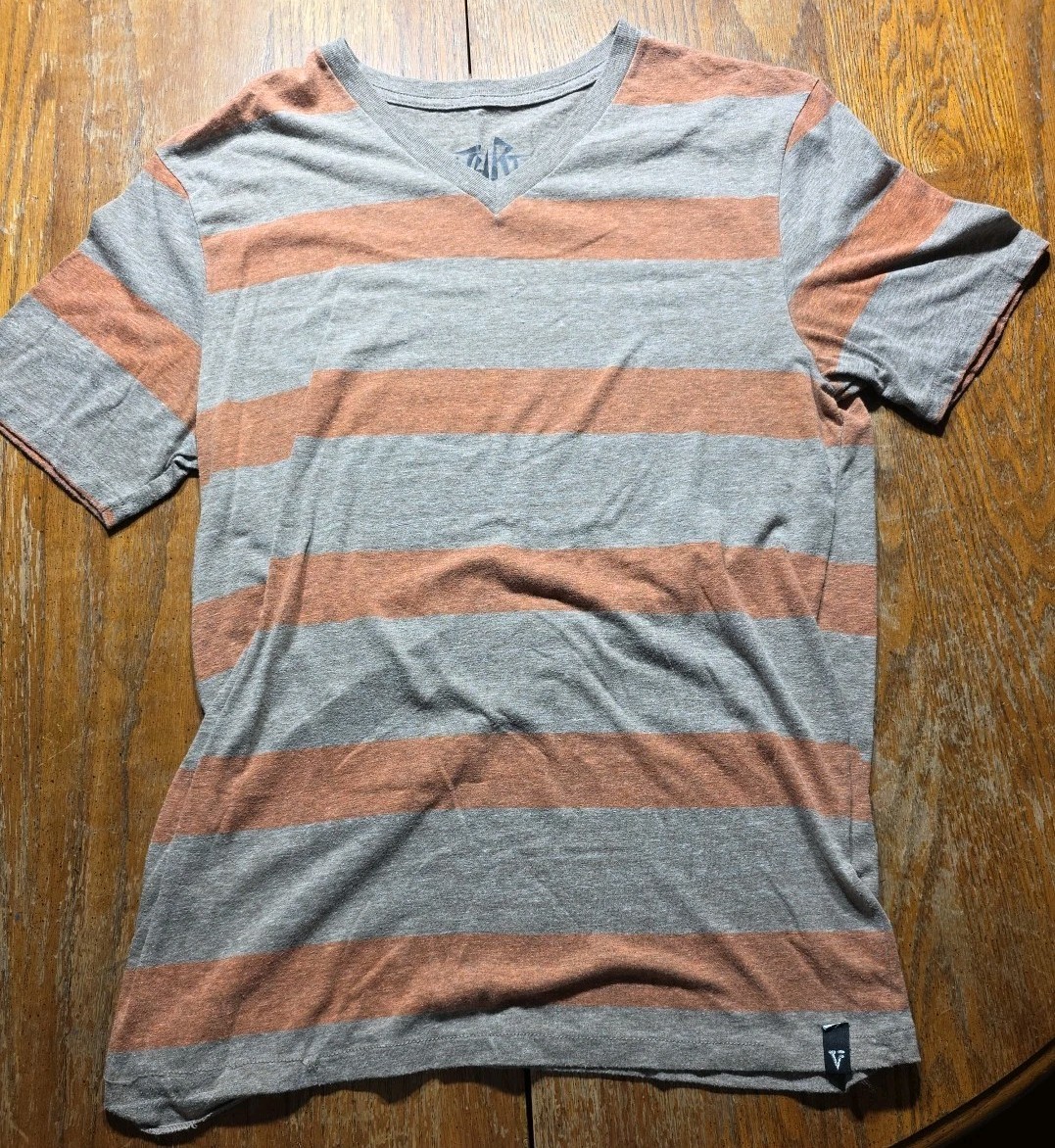 Mens Vurt V Neck T Shirt Large Y2K Grunge Skate Stripped Brown Orange