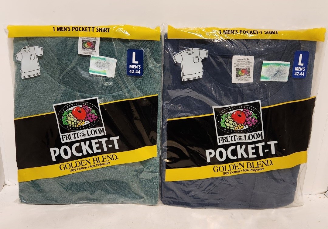 Vtg 1998 Fruit Of The Loom Pocket T Shirt SZ Large Lot of 2, Green Navy Blue gallery