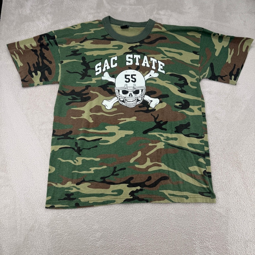 VTG Tee Swing Sac State Bill Sherman 55 Camo Shirt Mens XL Green Single Stitch