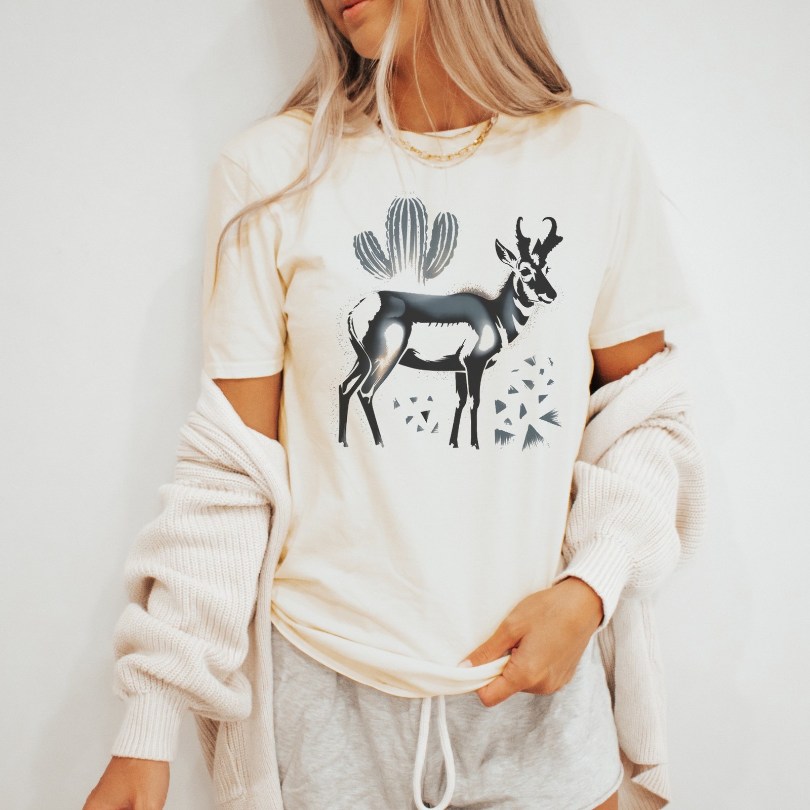 Desert Wildlife Graphic Tee Surreal Antelope Cactus Art Black gallery