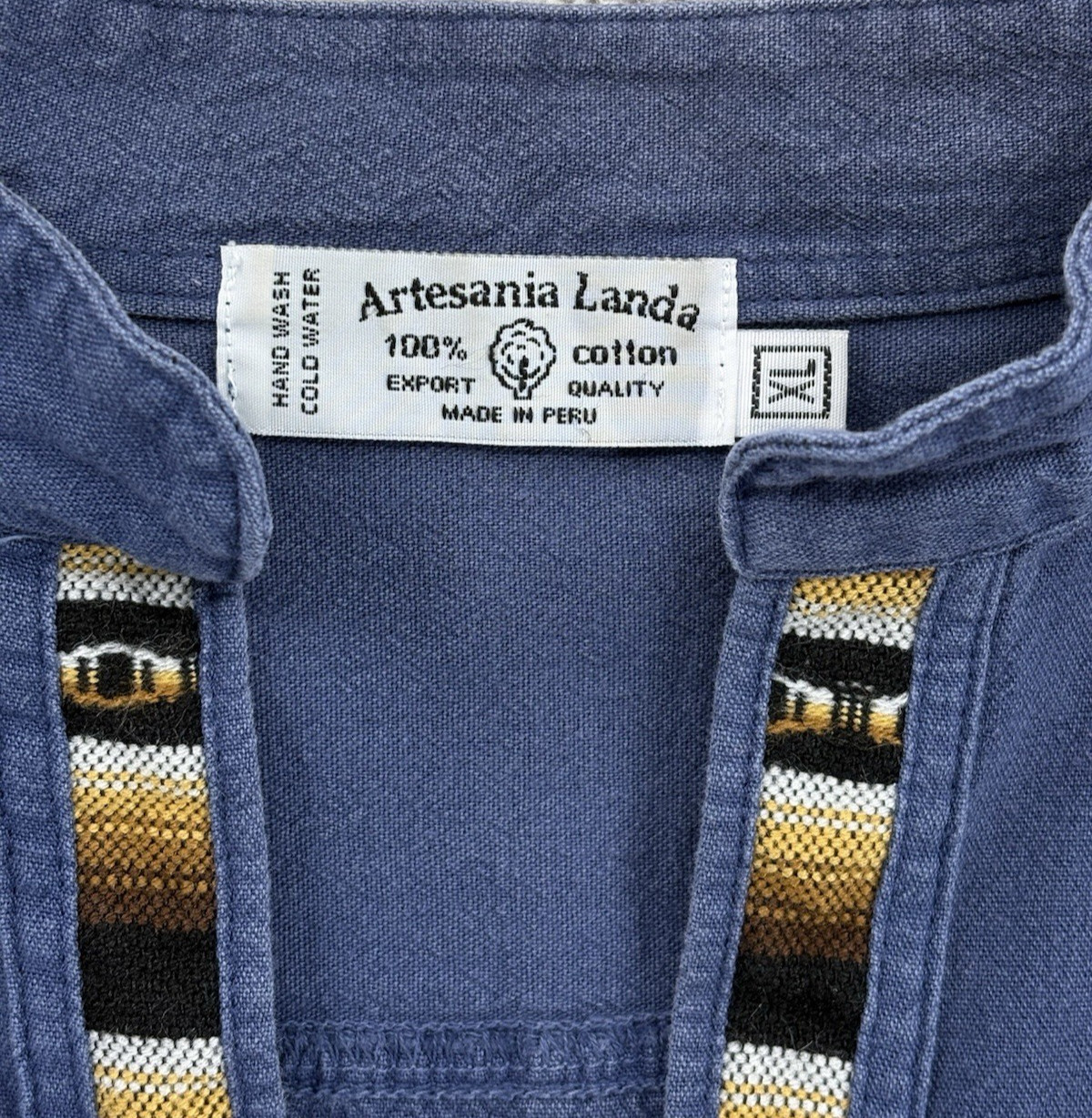 Artesania Landa Pullover Shirt Size XL Blue Embroidered Trim V-Neck Peru Cotton gallery