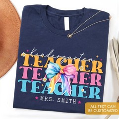 Personalized Kindergarten Teacher Shirt Custom Name Bow Back to School Gift Tee