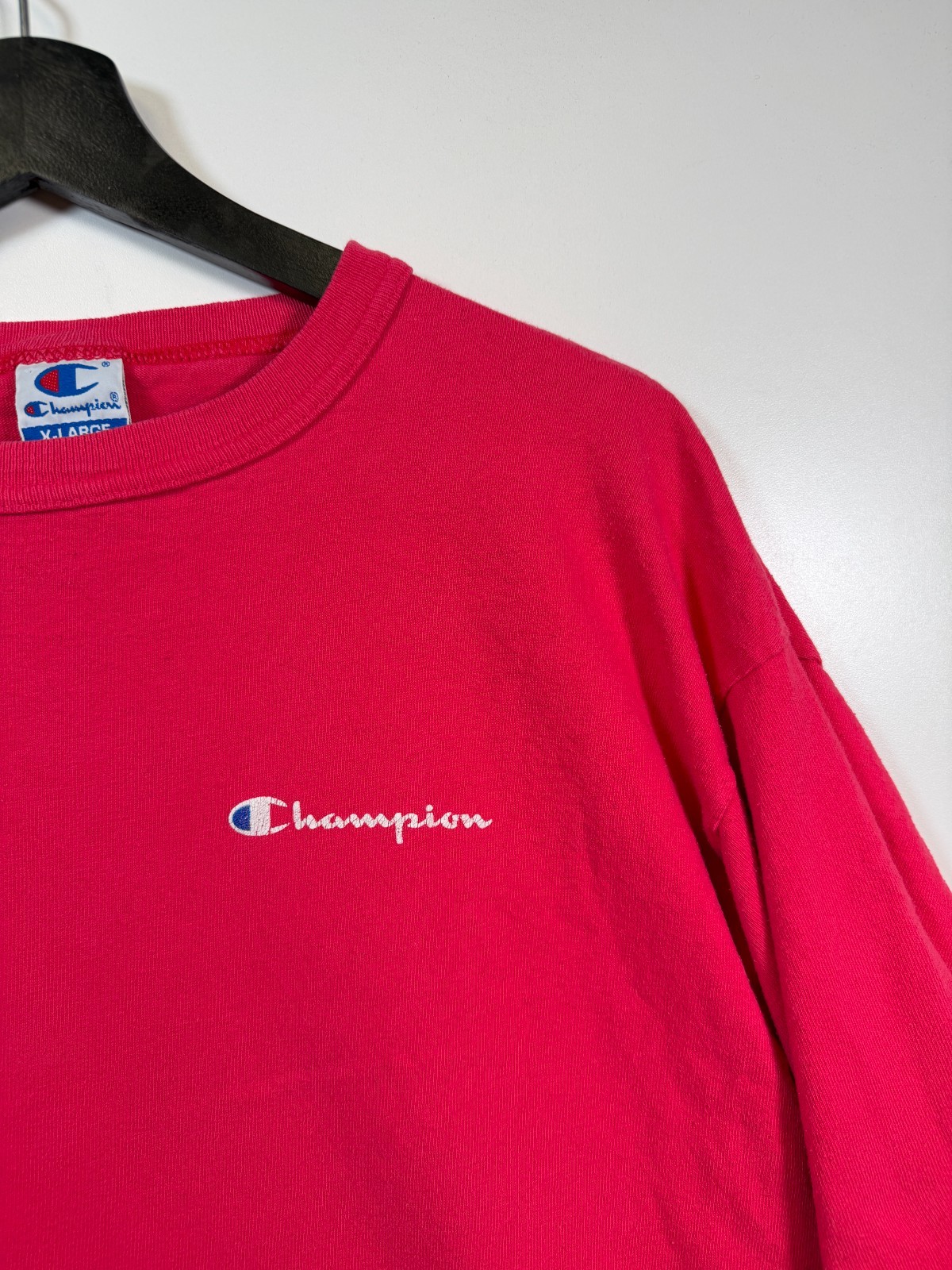 Vtg Champion Mens Crewneck Spellout Logo Statement T Shirt Red Pink Size XL gallery