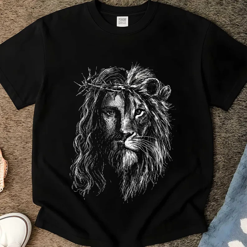 Halftone Jesus Lion of Judah Tee, Retro Men’s Faith Tee, Christian Lion Dad