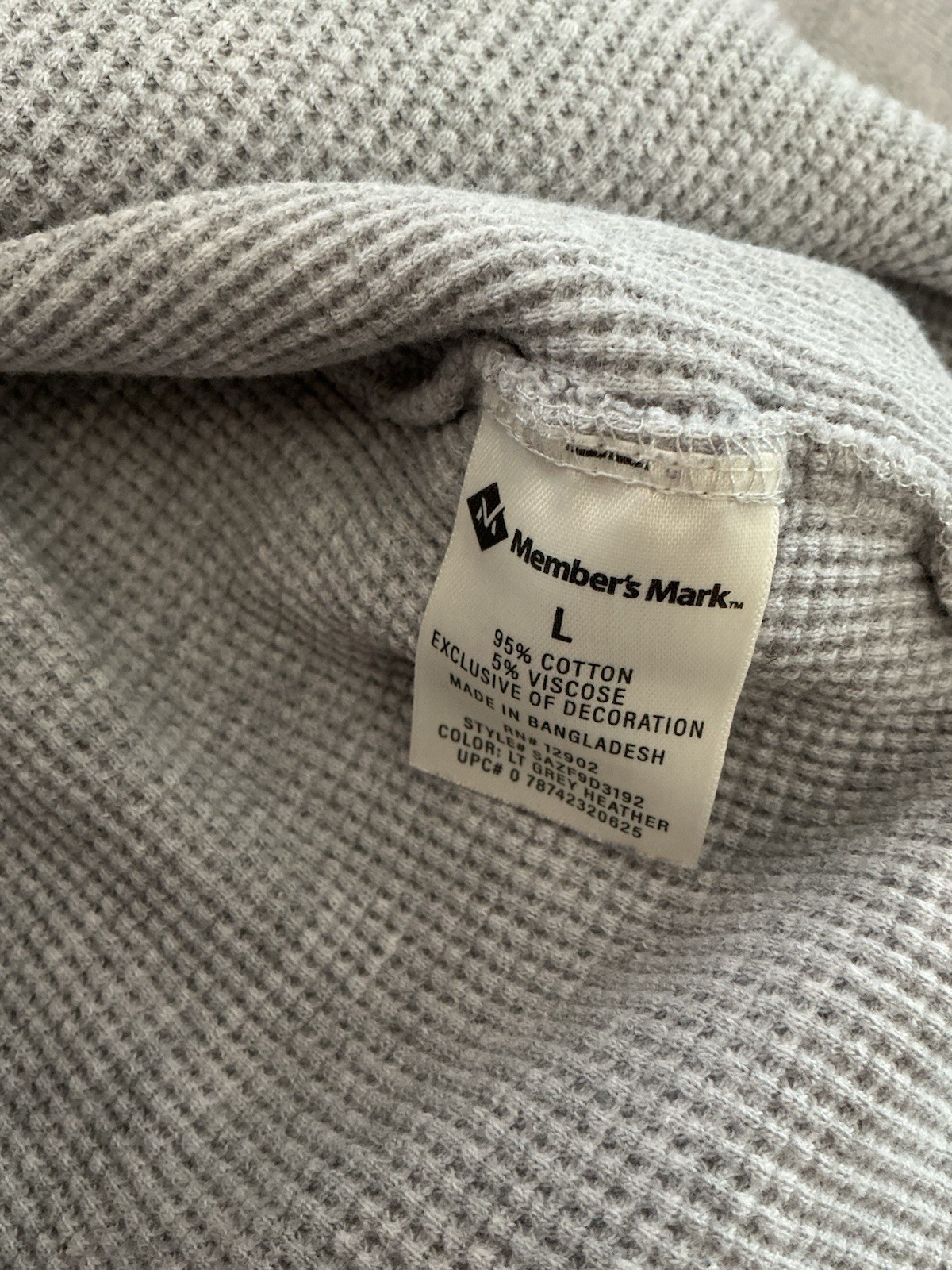 Member's Mark Men’s Large Soft Wash Thermal Shirt Waffle Knit Grey Heather L gallery