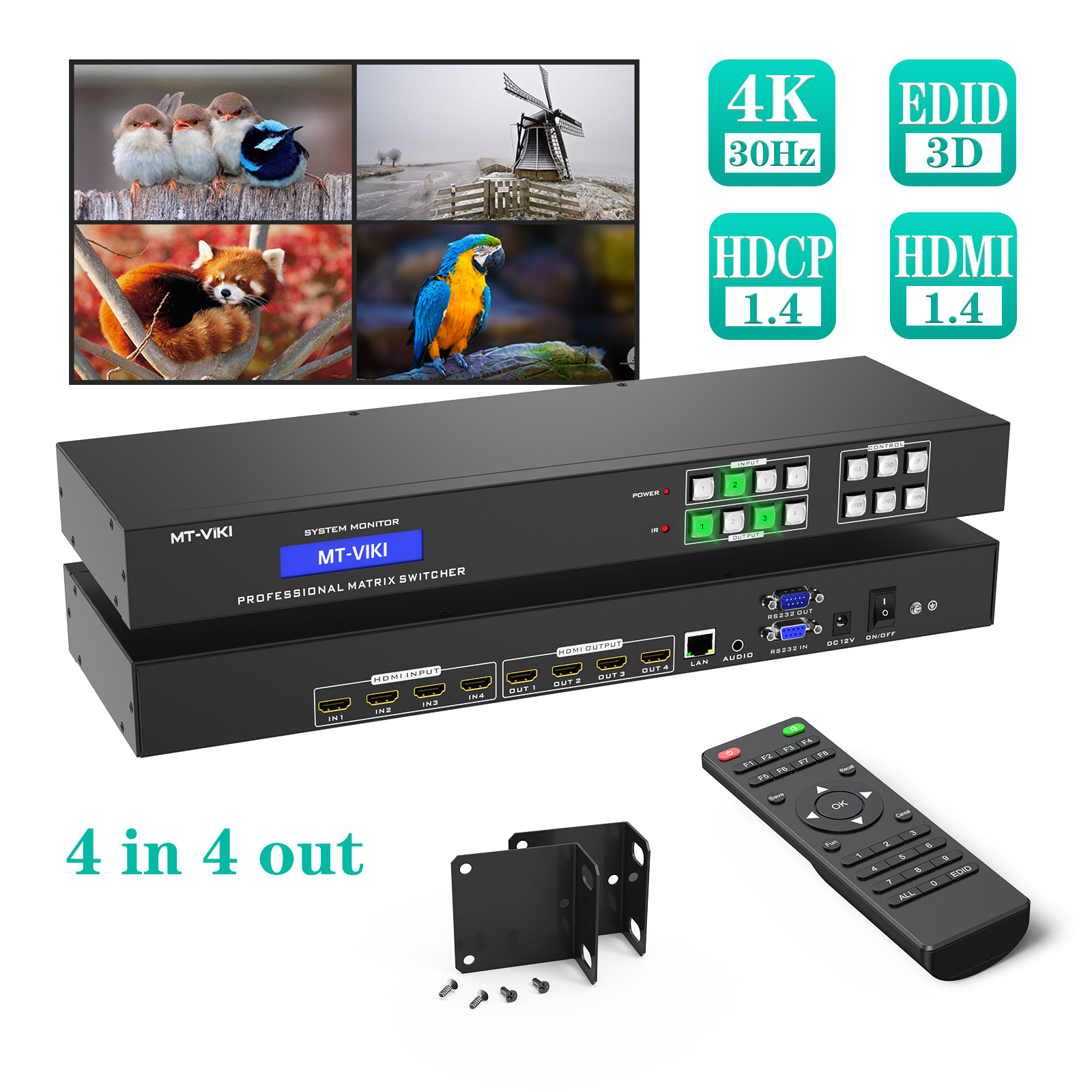 MT-VIKI 4×4 HDMI Matrix Switch 4K@30hz HDCP1.2 HDMI1.4 3D Audio Extractor IR Web