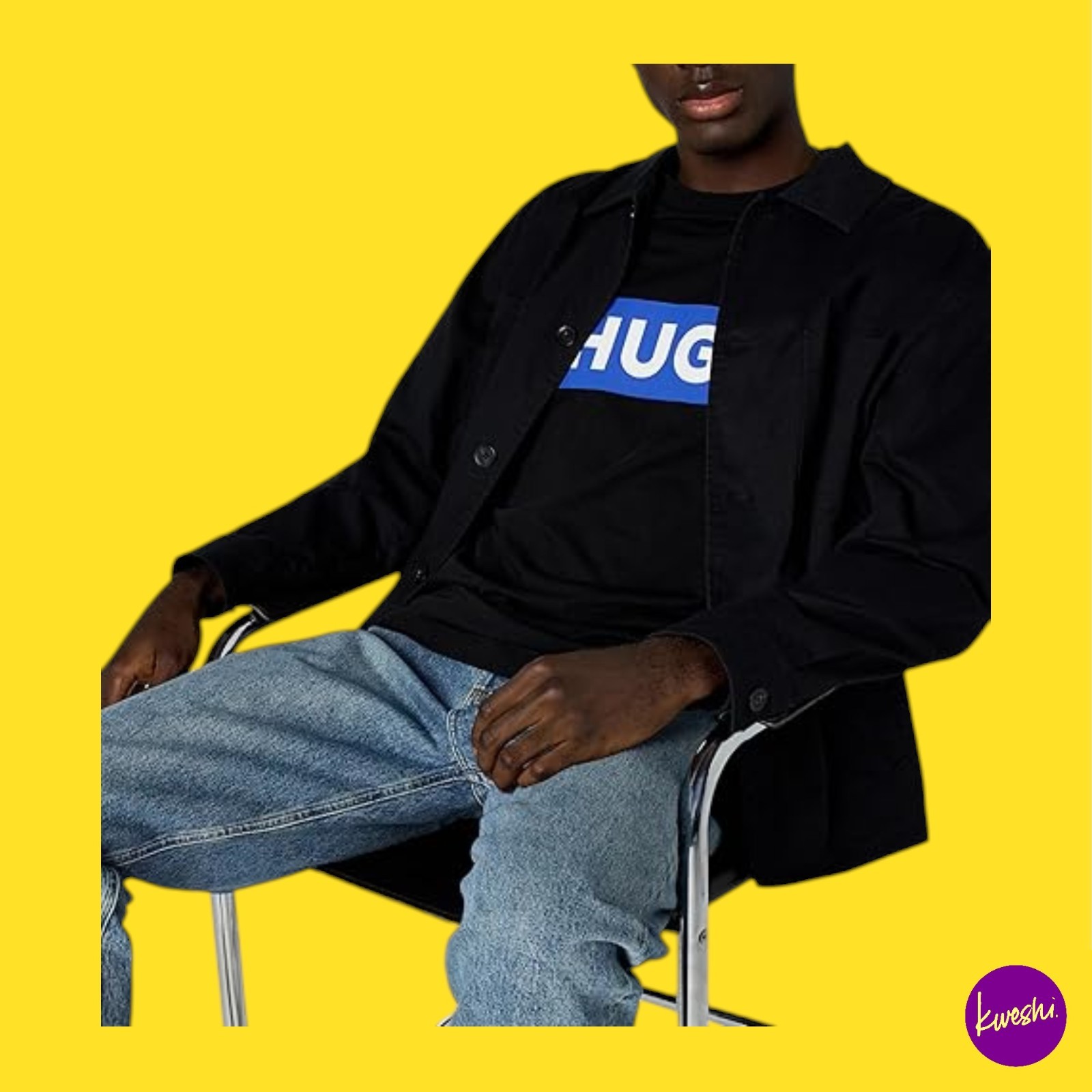 HUGO Men's Nico Cotton-Jersey T-Shirt, Blue Logo Print, Black, UK XXL | EU 56 gallery