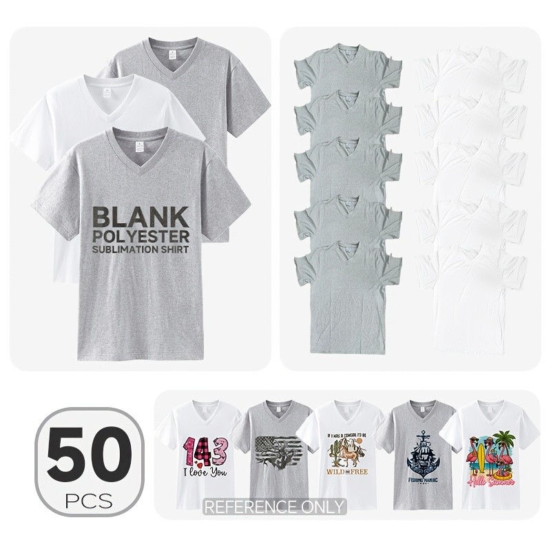 50 Pack V-Neck Sublimation Blanks T-Shirts Mixed Sizes White Grey Polyester gallery