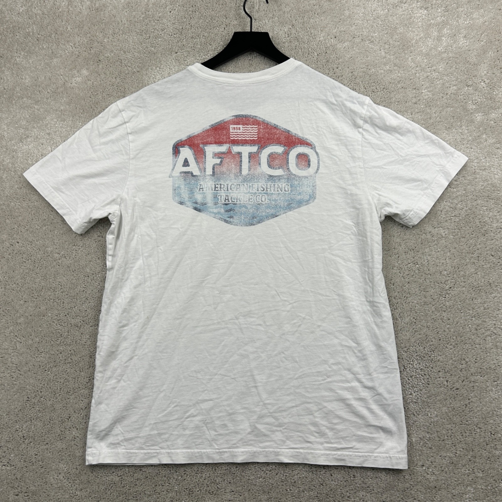 AFTCO T Shirt Adult Size Medium White Short Sleeve Pocket Graphic Logo Fishing gallery