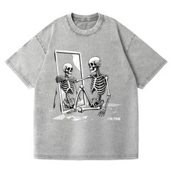Funny Sarcastic “I’m Fine” Skeleton Graphic Washed Streetwear T-Shirt