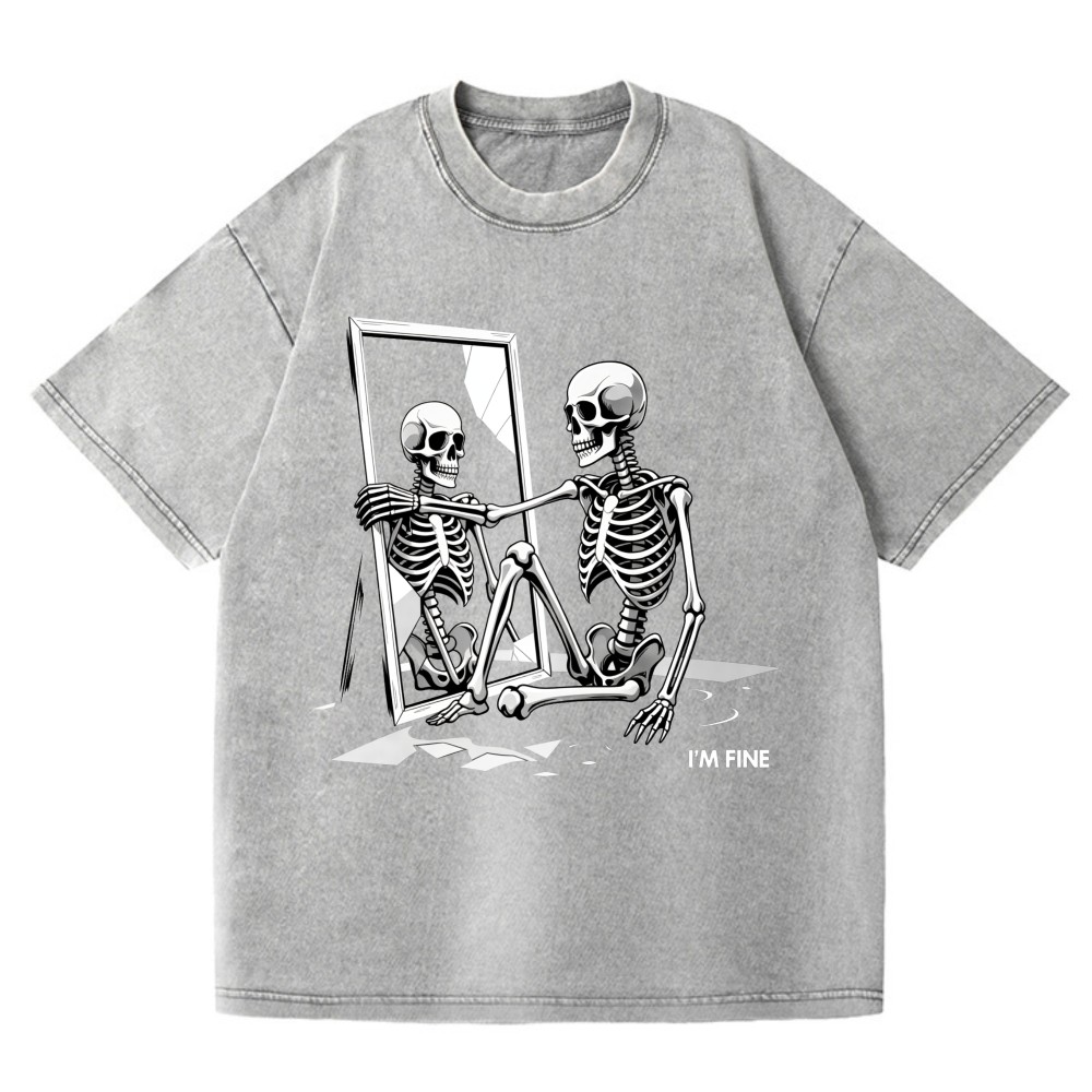Funny Sarcastic "I'm Fine" Skeleton Graphic Washed Streetwear T-Shirt gallery