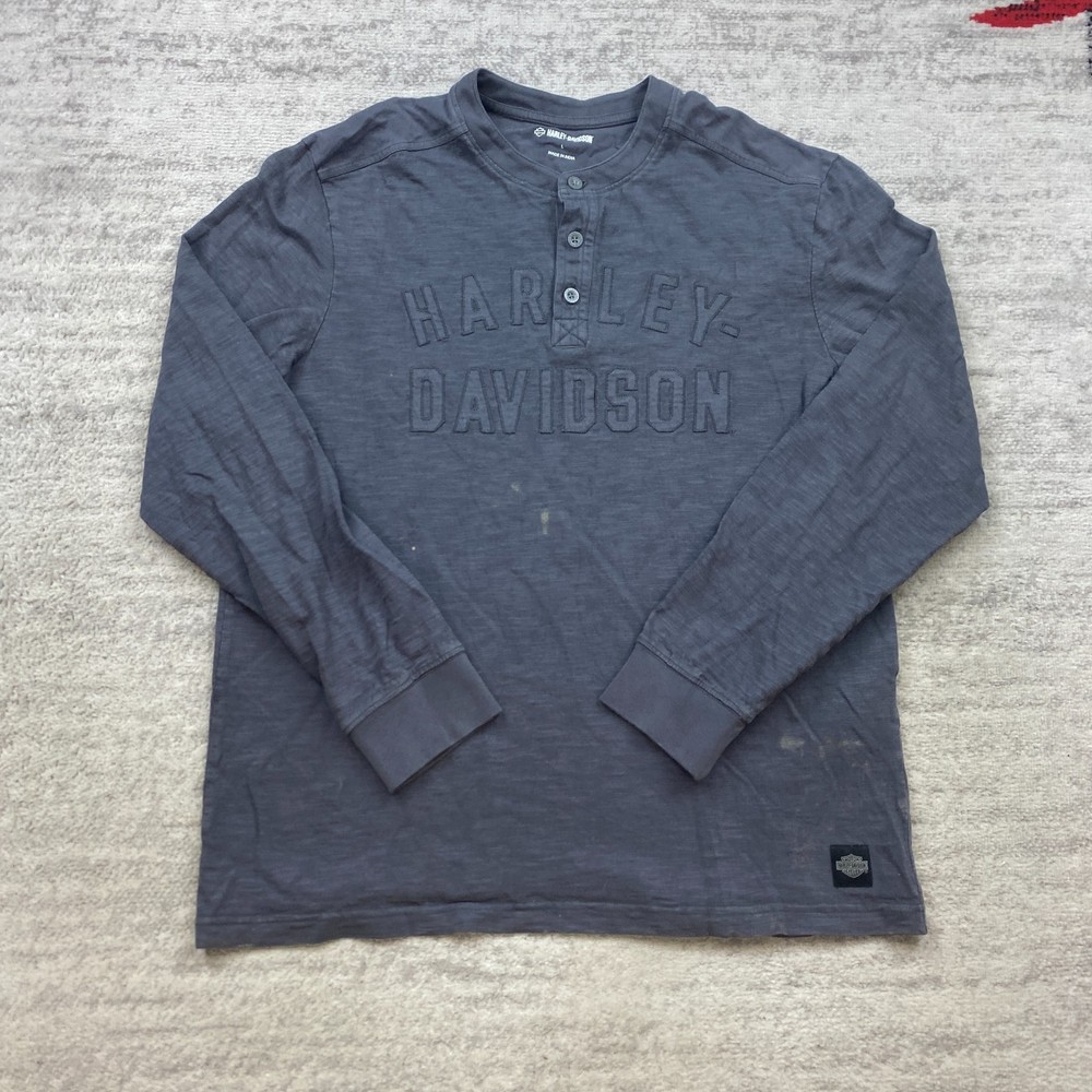 Harley Davidson Henley Shirt Large Blue Gray Biker HD Motorcycle Bike Embroidery