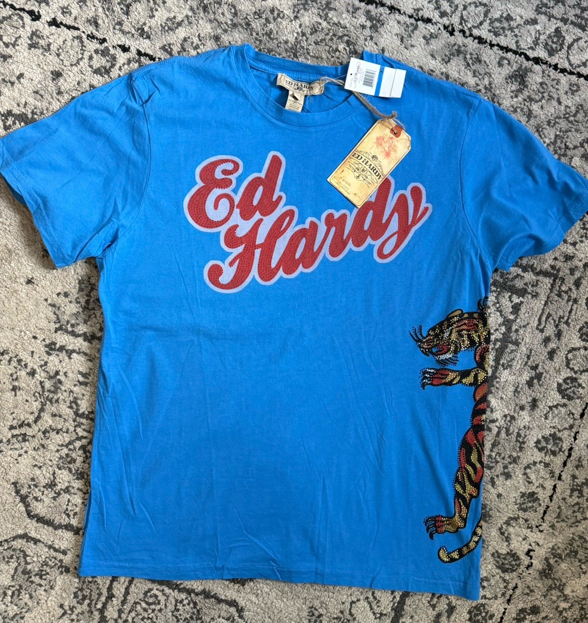NWT Ed Hardy Rhinestone Tiger AOP T-shirt Size XL Blue Athletic Dept gallery