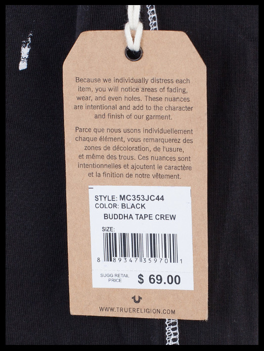 $69 TRUE RELIGION Black BUDDHA TAPE Short Sleeve Designer Graphic T-shirt NWT gallery