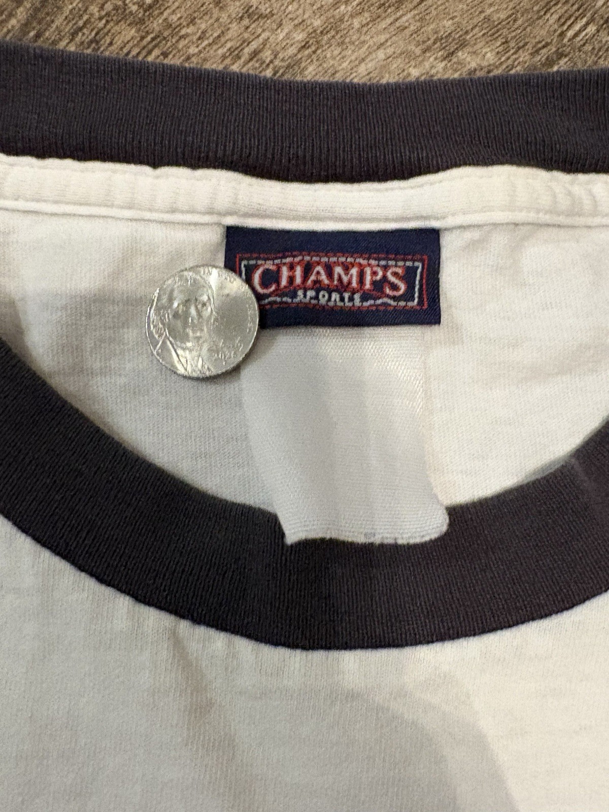 Champs Sports White Crew Neck T-Shirt Black Contrasting Trim Men's gallery
