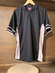 VANGELIS MENS V NECK BLACK PULLOVER SHIRT COLLAR EUC SIZE LARGE ILLUSION SIDES